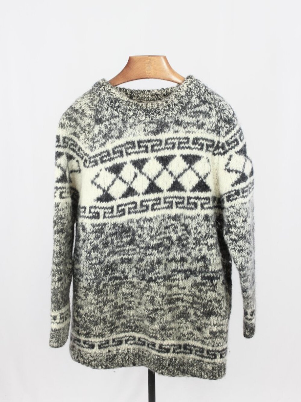 Vintage Handmade Black White Marled Wool Ecuador Nepal Scandi Sweater, Size XL